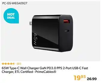 Primecables 65W Type-C Wall Charger GaN PD3.0 PPS 2-Port USB-C Fast Charger, ETL Certified - PrimeCables offer