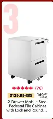 123Ink 2-Drawer Mobile Steel Pedestal File Cabinet with Lock and Round Edge, Gen 2 - White - Moustache offer