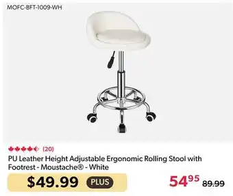 123Ink PU Leather Height Adjustable Ergonomic Rolling Stool with Footrest - Moustache - White offer