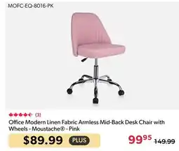 123Ink Office Modern Linen Fabric Armless Mid-Back Desk Chair with Wheels - Moustache - Pink offer