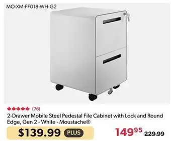 123Ink 2-Drawer Mobile Steel Pedestal File Cabinet with Lock and Round Edge, Gen 2 - White - Moustache offer