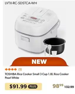 Shopper+ TOSHIBA Rice Cooker Small 3 Cup 1.8L Rice Cooker Pearl White offer