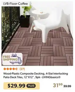 Shopper+ Wood-Plastic Composite Decking, 4-Slat Interlocking Patio Deck Tiles, 12X12, 9pk - LIVINGbasics offer