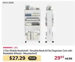 Shopper+ 5-Tier Mobile Bookshelf - Versatile Book & File Organizer Cart with Rotatable Wheels - Moustache offer