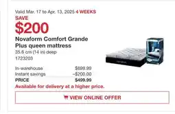 Costco Novaform Comfort Grande Plus queen mattress offer