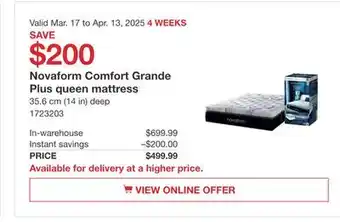 Costco Novaform Comfort Grande Plus queen mattress offer