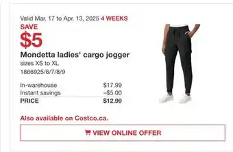 Costco Mondetta ladies' cargo jogger offer