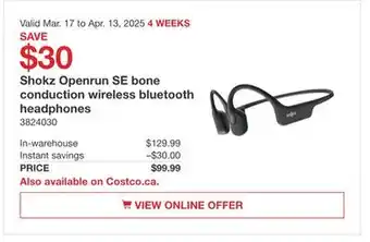 Costco Shokz Openrun SE bone conduction wireless bluetooth headphones offer