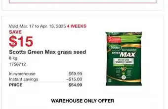 Costco Scotts Green Max Grass Seed offer