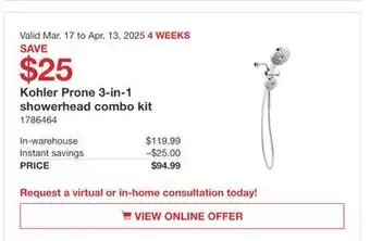 Costco Kohler Prone 3-in-1 showerhead combo kit offer