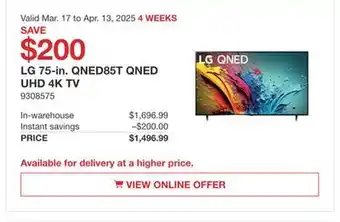 Costco LG 75-in. QNED85T QNED UHD 4K TV offer