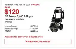 Costco BE Power 3,400 PSI gas pressure washer offer