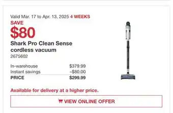 Costco Shark Pro Clean Sense cordless vacuum offer