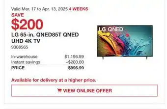 Costco LG 65-in QNED85T QNED UHD 4K TV offer