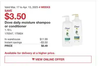 Costco Dove daily moisture shampoo or conditioner offer