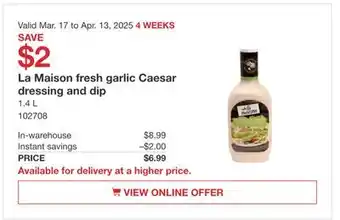 Costco La Maison fresh garlic Caesar dressing and dip offer