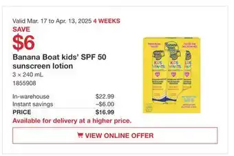 Costco Banana Boat kid's SPF 50 sunscreen lotion offer