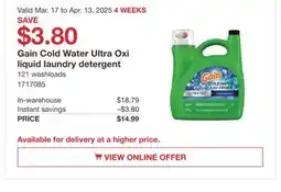 Costco Gain Cold Water Ultra Oxi liquid laundry detergent offer