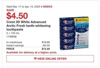 Costco Crest 3D White Advanced Arctic Fresh teeth-whitening toothpaste offer