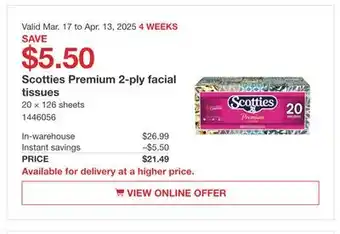 Costco Scotties Premium 2-ply facial tissues offer