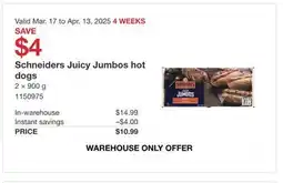 Costco Schneiders Juicy Jumbos hot dogs offer