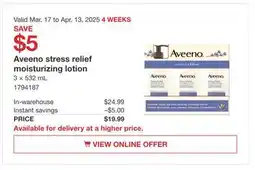 Costco Aveeno stress relief moisturizing lotion offer