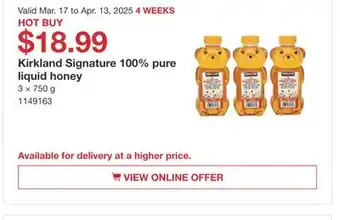 Costco Kirkland Signature 100% pure liquid honey offer