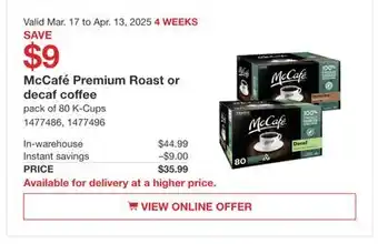 Costco McCafé Premium Roast or decaf Coffee offer