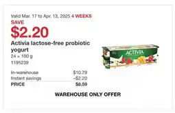 Costco Activia lactose-free probiotic yogurt offer