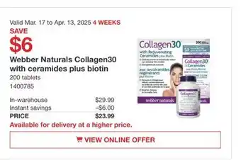 Costco Webber Naturals Collagen30 with ceramides plus biotin offer