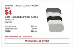 Costco Cole Haan ladies' liner socks offer