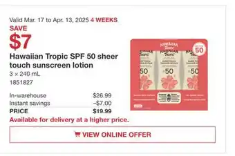 Costco Hawaiian Tropic SPF 50 sheer touch sunscreen lotion offer