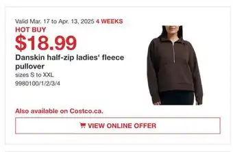 Costco Danskin half-zip ladies' fleece pullover offer