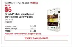 Costco SimplyProtein plant based protein bars variety pack offer