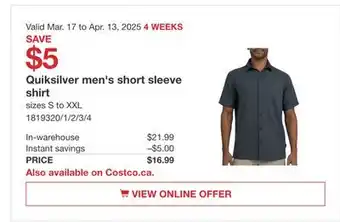 Costco Quiksilver men's short sleeve shirt offer