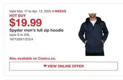 Costco Spyder men's full zip hoodie offer