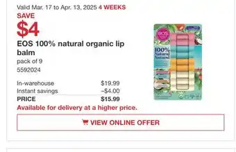 Costco EOS 100% natural organic lip balm offer