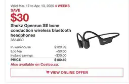 Costco Shokz Openrun SE bone conduction wireless bluetooth headphones offer