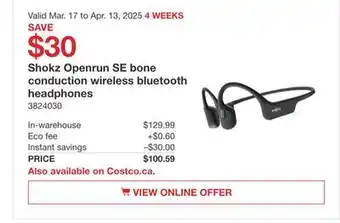 Costco Shokz Openrun SE bone conduction wireless bluetooth headphones offer