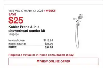 Costco Kohler Prone 3-en-1 showerhead combo kit offer