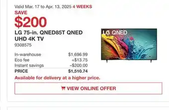 Costco LG 75-in. QNED85T QNED UHD 4K TV offer