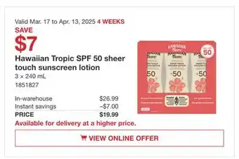 Costco Hawaiian Tropic touch sunscreen lotion offer