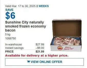 Costco Sunshine city naturally smoked frozen economy bacon offer