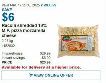 Costco Racolli shredded 19% M.F. pizza mozzarella cheese offer