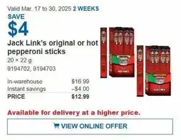 Costco Jack Link's original or hot pepperoni sticks offer