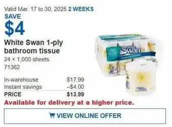 Costco White Swan 1-ply bathroom tissue offer