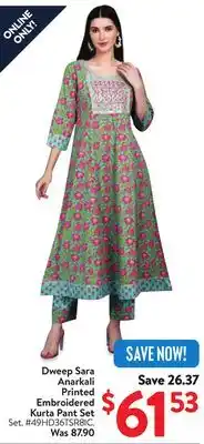 Walmart Dweep Sara Anarkali Printed Embroidered Kurta Pant Set offer