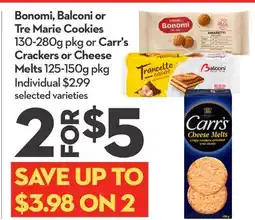 Longo's Bonomi, Balconi or Tre Marie Cookies 130-280g pkg or Carr's Crackers or Cheese Melts 125-150g pkg offer