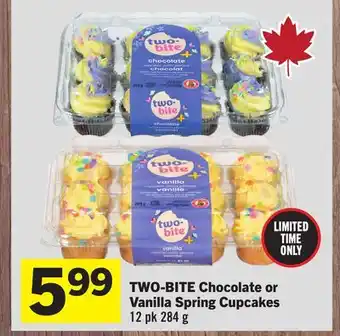 Foodland TWO-BITE Chocolate or Vanilla Spring Cupcakes offer