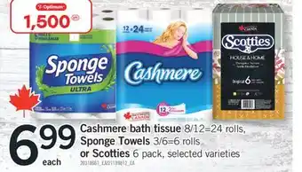 Fortinos CASHMERE BATH TISSUE, 8/12 = 24 ROLLS, SPONGE TOWELS, 3/6 = 6 ROLLS OR SCOTTIES, 6 PACK offer